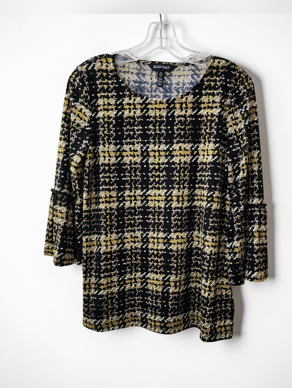 Ellen Tracy Black, Yellow & White Plaid Bell Sleeve Top Small